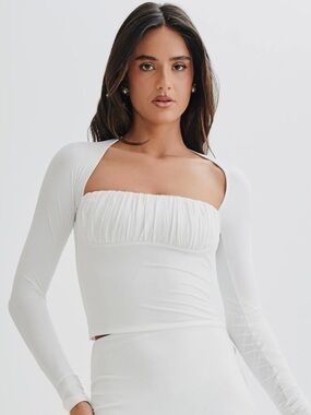 Meshki Cream Long-Sleeve Ruffle Scoop Neck Top